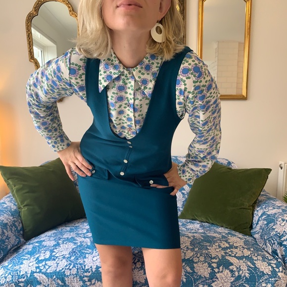 ๐ฌ๐ง Vintage 60s 70s Pinafore Mini Dress Teal Blue Green Mod Gogo Girl Twiggy 6 - Picture 11 of 11